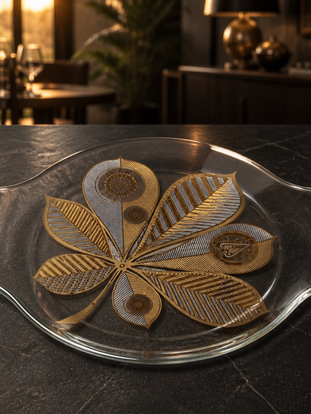 MCM George Briard Chestnut Leaf Gold Tray Glass Metal LARGE  16" Atomic Barware